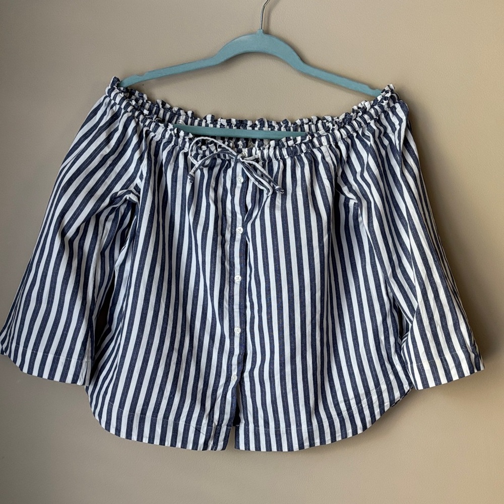 Madewell Navy and White Striped Off-Shoulder Top